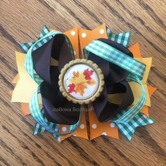 "Leafs" Deluxe Bottle Cap Image Bow 5B2516 Handmade NWT Boutique - Picture 1 of 2